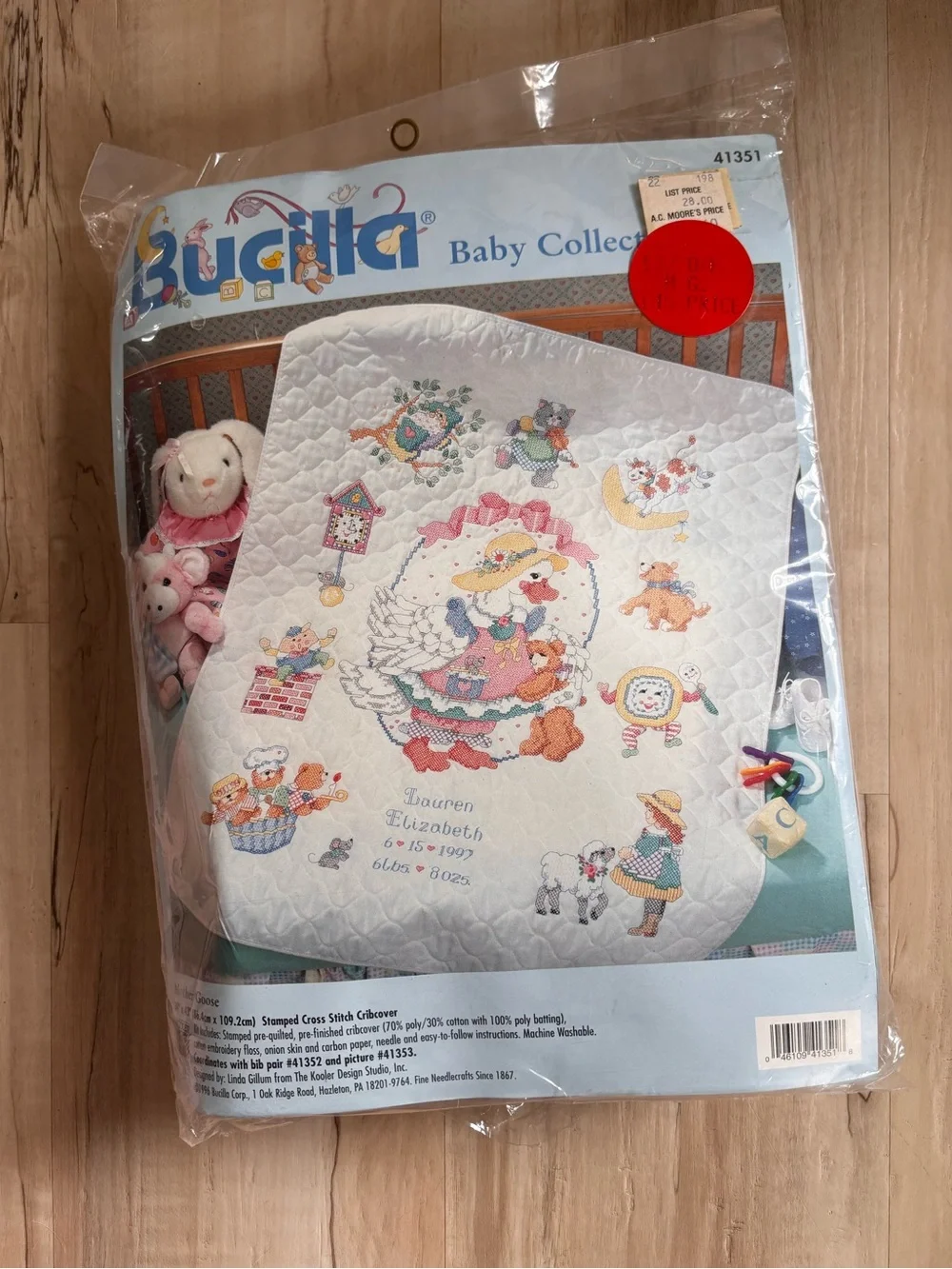 Vintage 1996 Bucilla ‘Mother Goose’ Stamped Cross Stitch Cribcover Kit NWT